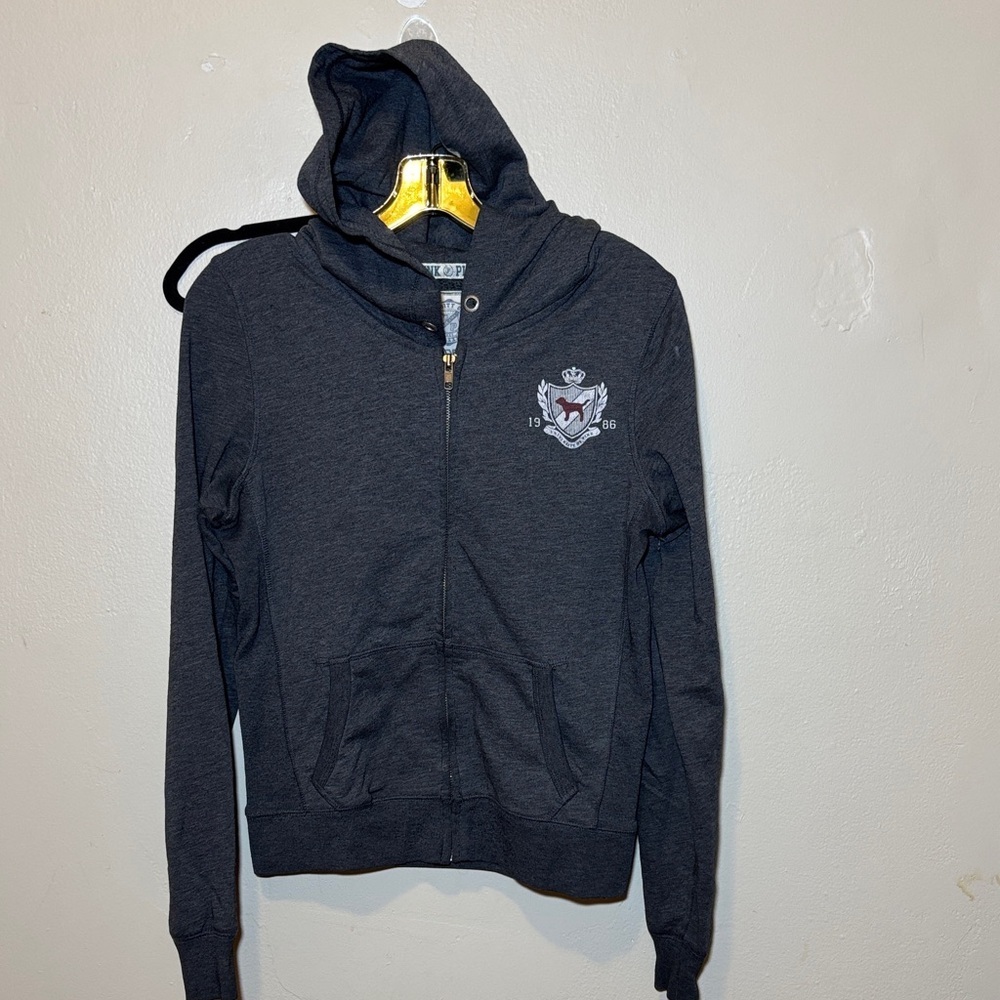 PINK Victoria's Secret Dark Gray Zip-Up Hoodie with Crest